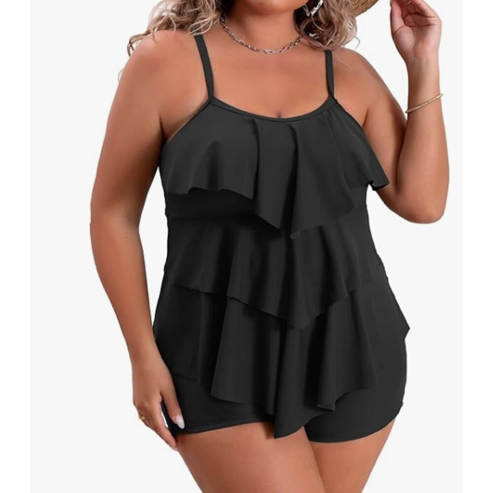 Black Solid Tiered Ruffle Adjustable Straps Swimsuit Tankini Top NWT Size L